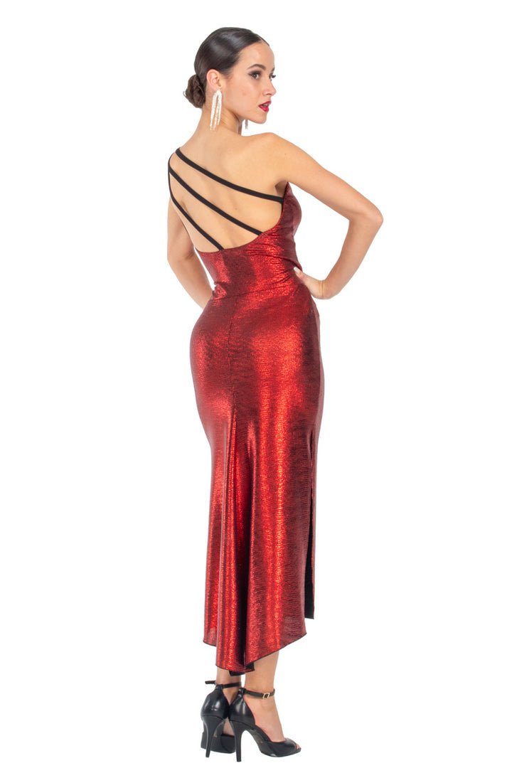 Red Metallic One-Shoulder Tango Dress With Side Slit