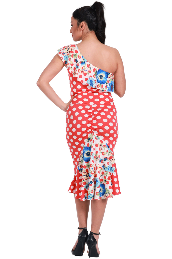 Red One-Shoulder Mermaid Polka-Dot Tango Dress With Floral Details