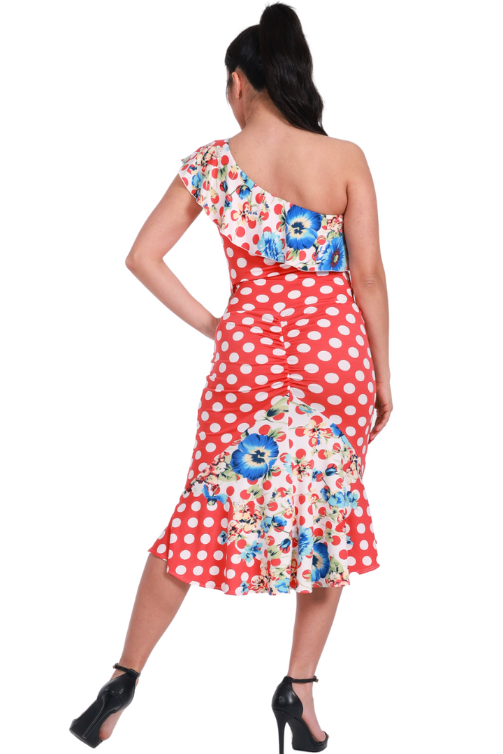 Red One-Shoulder Mermaid Polka-Dot Tango Dress With Floral Details
