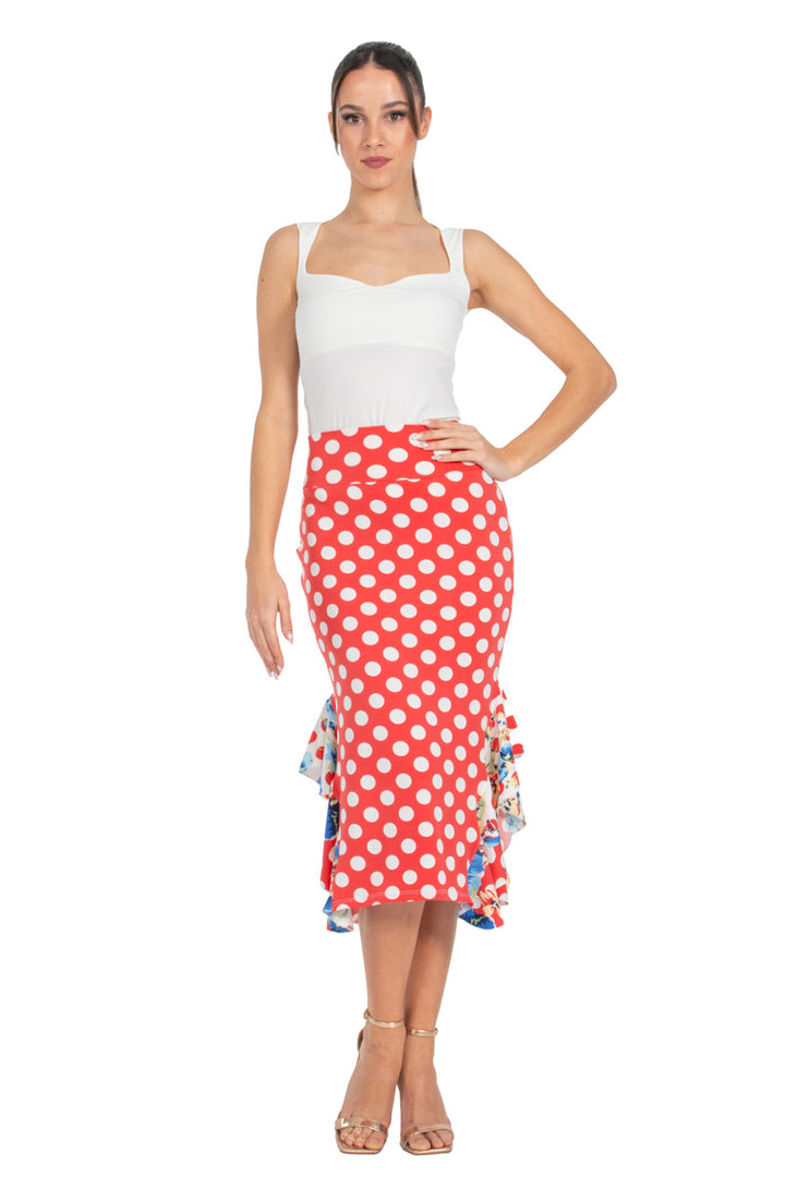 Red Polka-Dot Bodycon Midi Dance Skirt With Side Ruffles