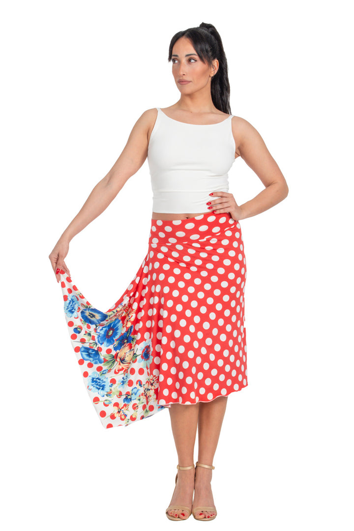 Red Polka-Dot Skirt With Side Draping & Floral Details