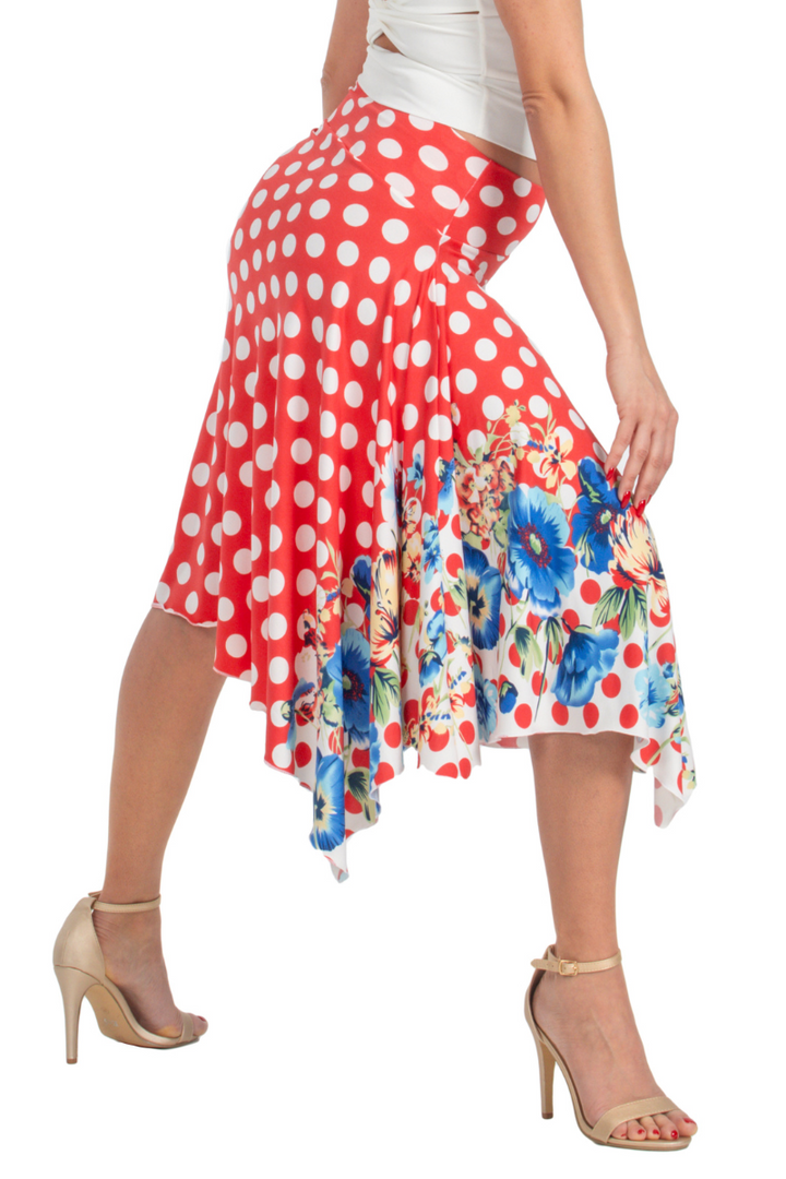 Red Polka-Dot Skirt With Side Draping & Floral Details