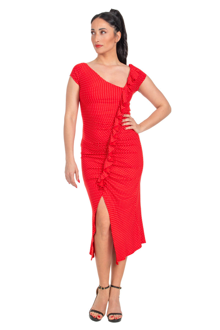 Red Polka Dot Bodycon Dance Dress With Front Ruffles And Gatherings