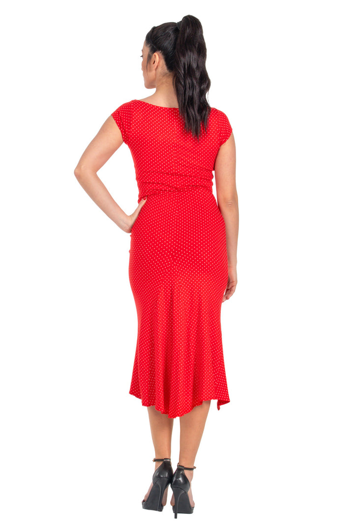 Red Polka Dot Bodycon Dance Dress With Front Ruffles And Gatherings