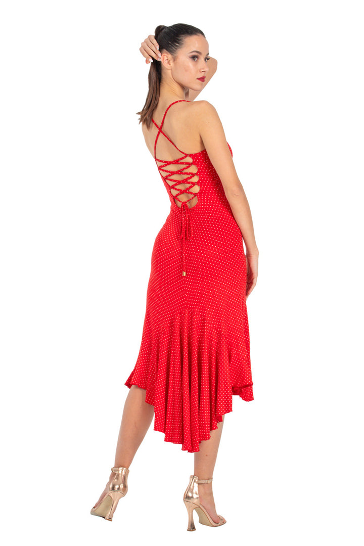 Red Polka Dot Lace-up Tango Dress With Tail