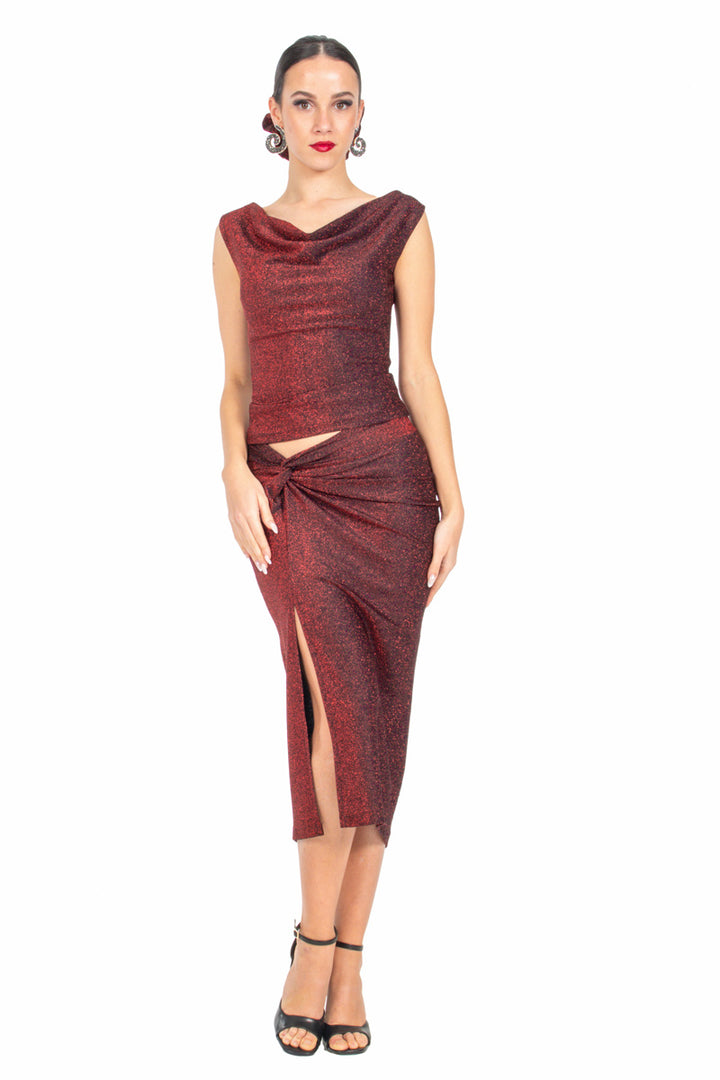 Red Sparkling Twist Knot Bodycon Midi Skirt With Slit