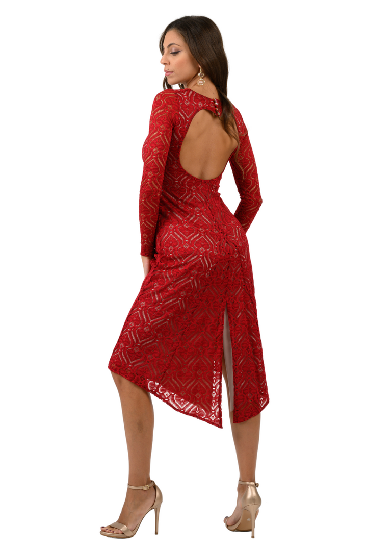 Red Heart Shape Lace Tango Dress With Slitted Tail & Heart Cutout Back
