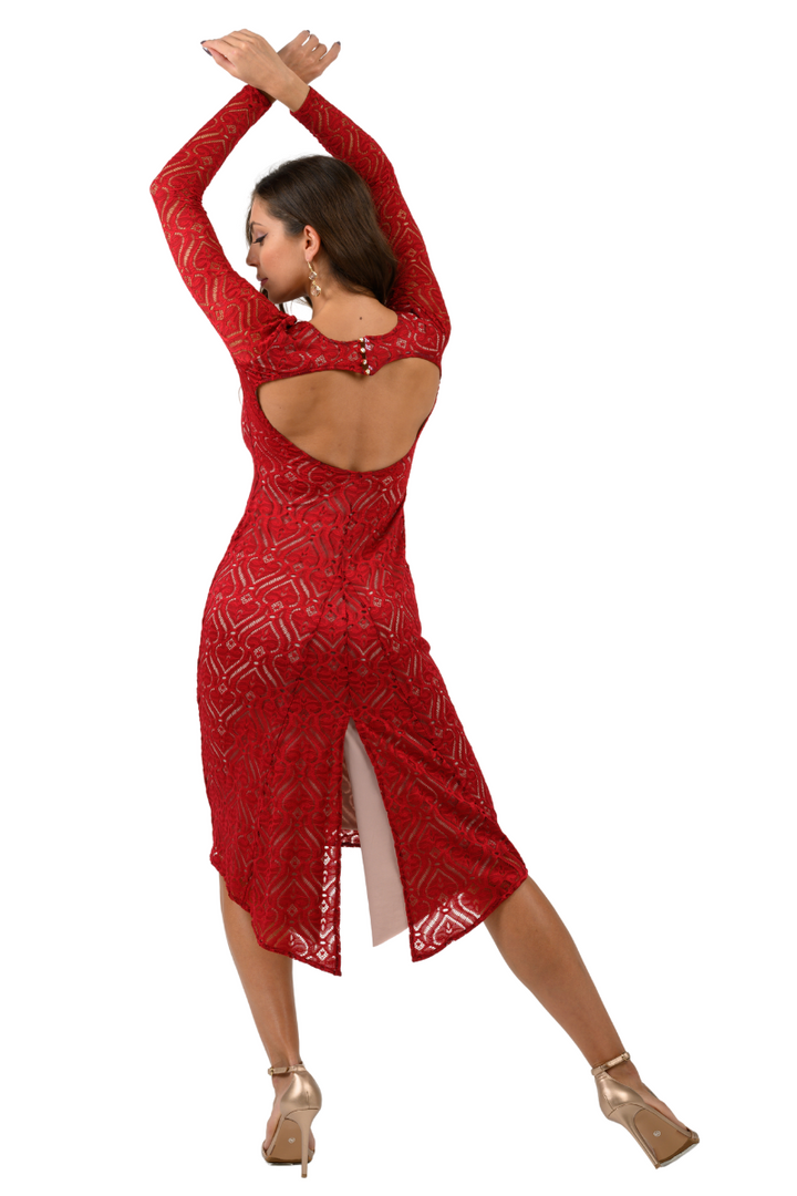 Red Heart Shape Lace Tango Dress With Slitted Tail & Heart Cutout Back