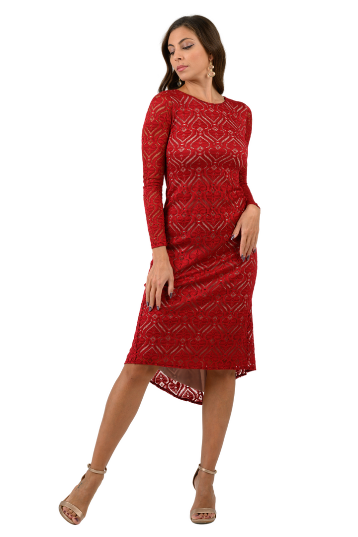 Red Heart Shape Lace Tango Dress With Slitted Tail & Heart Cutout Back
