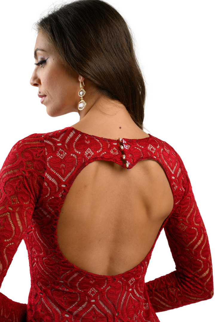 Red Heart Shape Lace Tango Dress With Slitted Tail & Heart Cutout Back