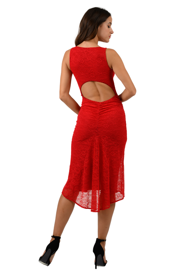 Red Lace Keyhole Back Fishtail Dress