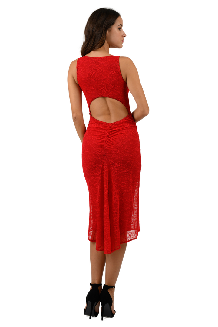 Red Lace Keyhole Back Fishtail Dress