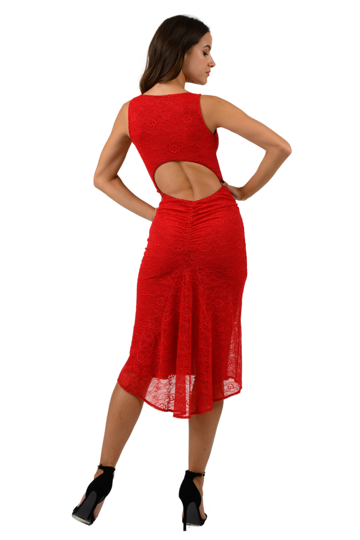 Red Lace Keyhole Back Fishtail Dress