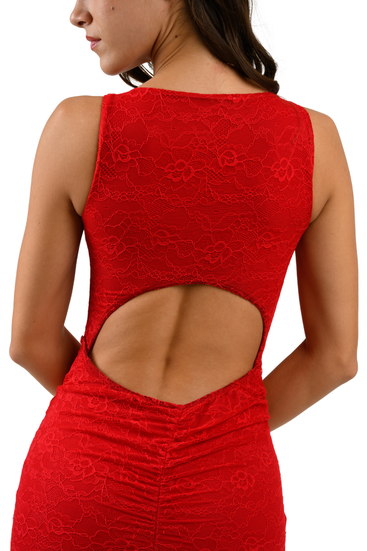 Red Lace Keyhole Back Fishtail Dress