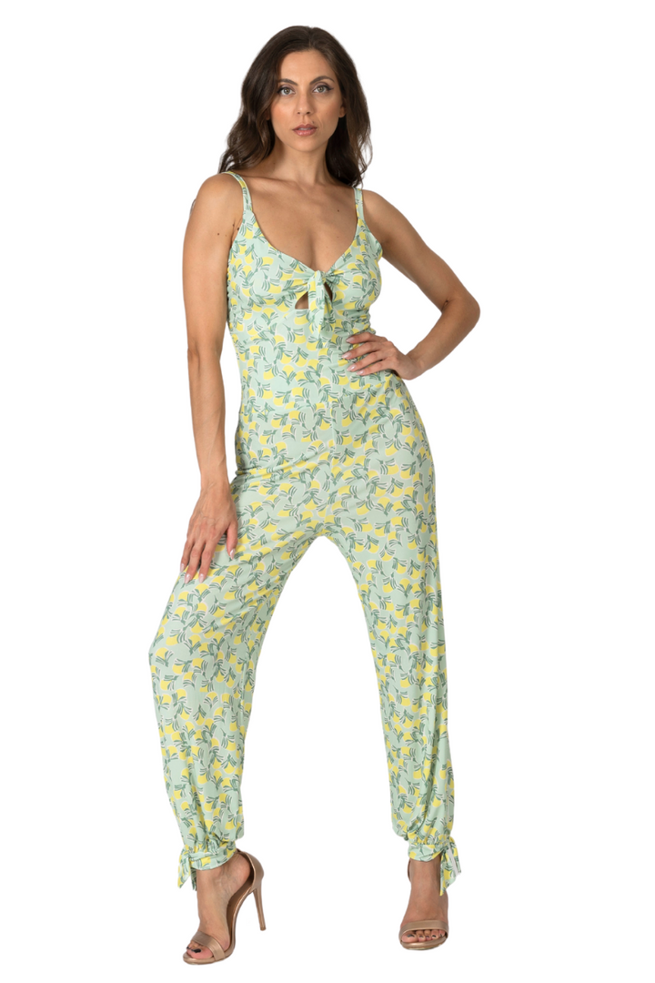 Retro Tropical Sleeveless Front Tie Jumpsuit
