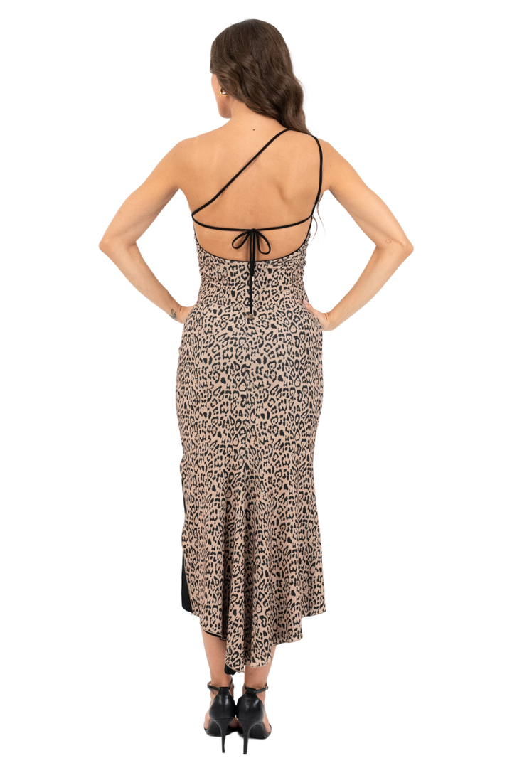 Reversible Leopard Print & Black One Shoulder Tango Dress