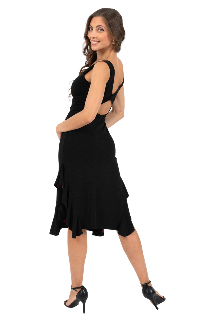 Reversible Polka Dot & Black Tango Dress with Side Ruffles