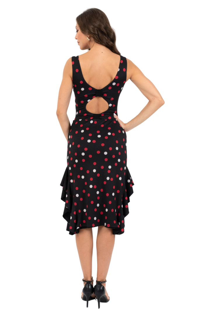 Reversible Polka Dot & Black Tango Dress with Side Ruffles