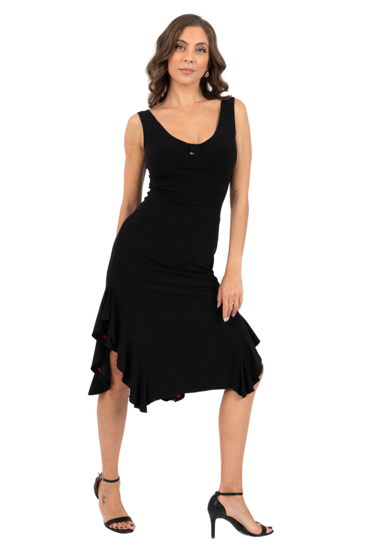Reversible Polka Dot & Black Tango Dress with Side Ruffles