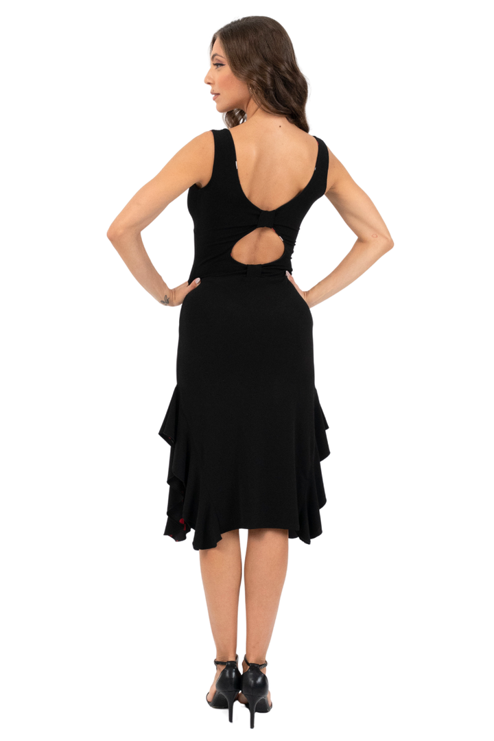 Reversible Polka Dot & Black Tango Dress with Side Ruffles