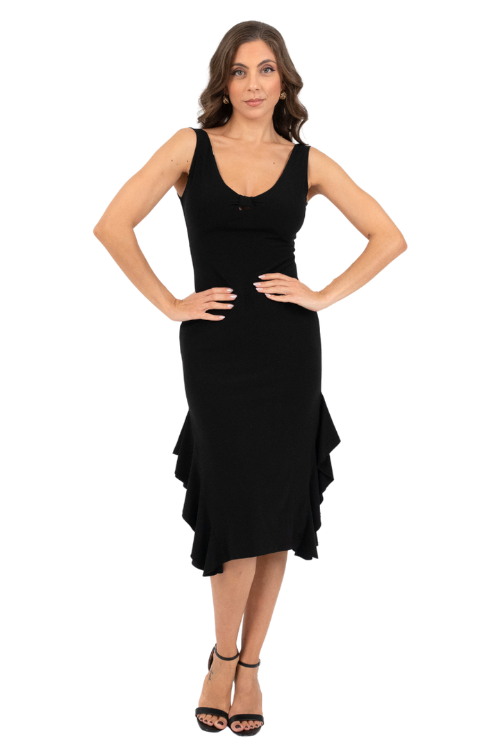 Reversible Polka Dot & Black Tango Dress with Side Ruffles