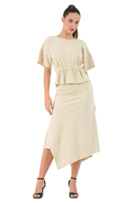 Load image into Gallery viewer, Ribbed Ecru Asymmetric Midi Skirt With Side Slit