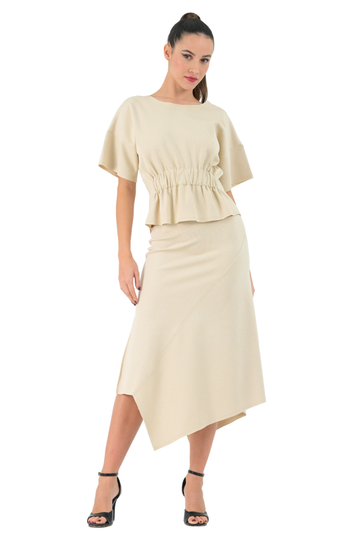 Ribbed Ecru Asymmetric Midi Skirt With Side Slit