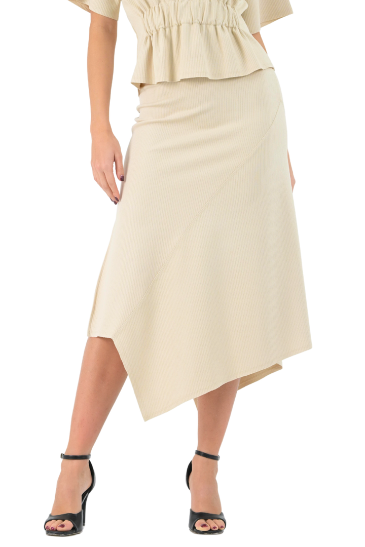 Ribbed Sand Asymmetric Midi Skirt With Side Slit