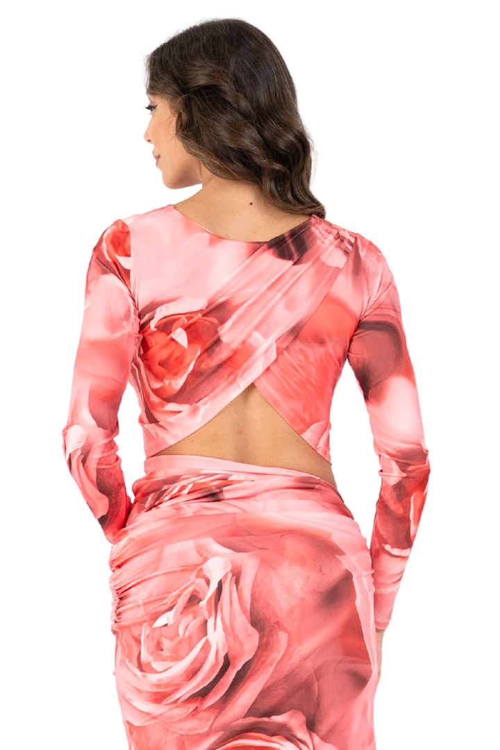 Rose Print Tango Top With Draped Overlap Back