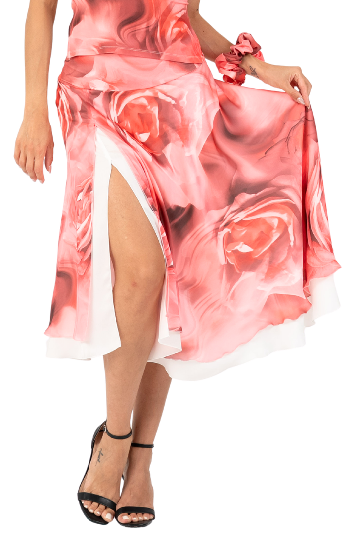 Rose Print Two-layer Satin Skirt