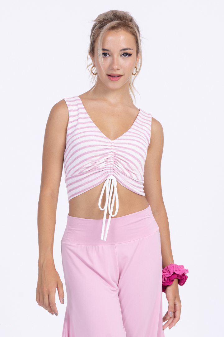 Ruched Pink And White Striped Crop Top (XS,S,M)