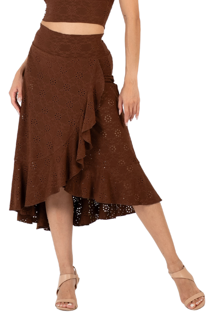 Ruffle Hem Eyelet Viscose Wrap Skirt