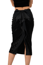 Load image into Gallery viewer, Black Ruffled Bow Sequin Dance Skirt
