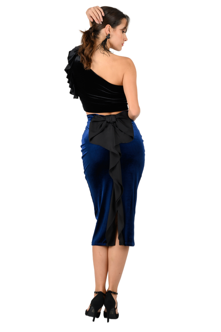 Dark Blue Ruffled Bow Velvet Dance Skirt