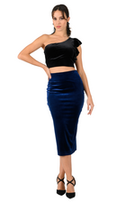 Load image into Gallery viewer, Dark Blue Ruffled Bow Velvet Dance Skirt
