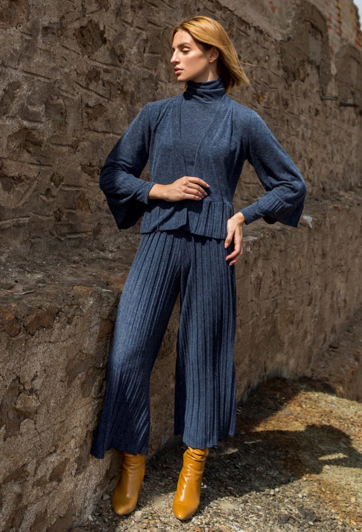 Knit Pleated Trousers (XS,S,M,L,XL) (Wine Red,Blue)