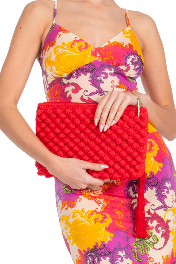 Red Handmade Bobble Crochet Clutch With Fringe Detail (Copy)