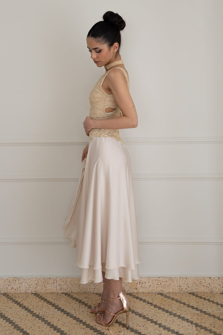 Sand Beige Two-Layer Satin And Lace Crisscross Dress