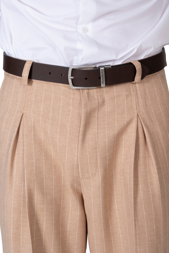 Sand Striped Pants With Front And Back Pleat