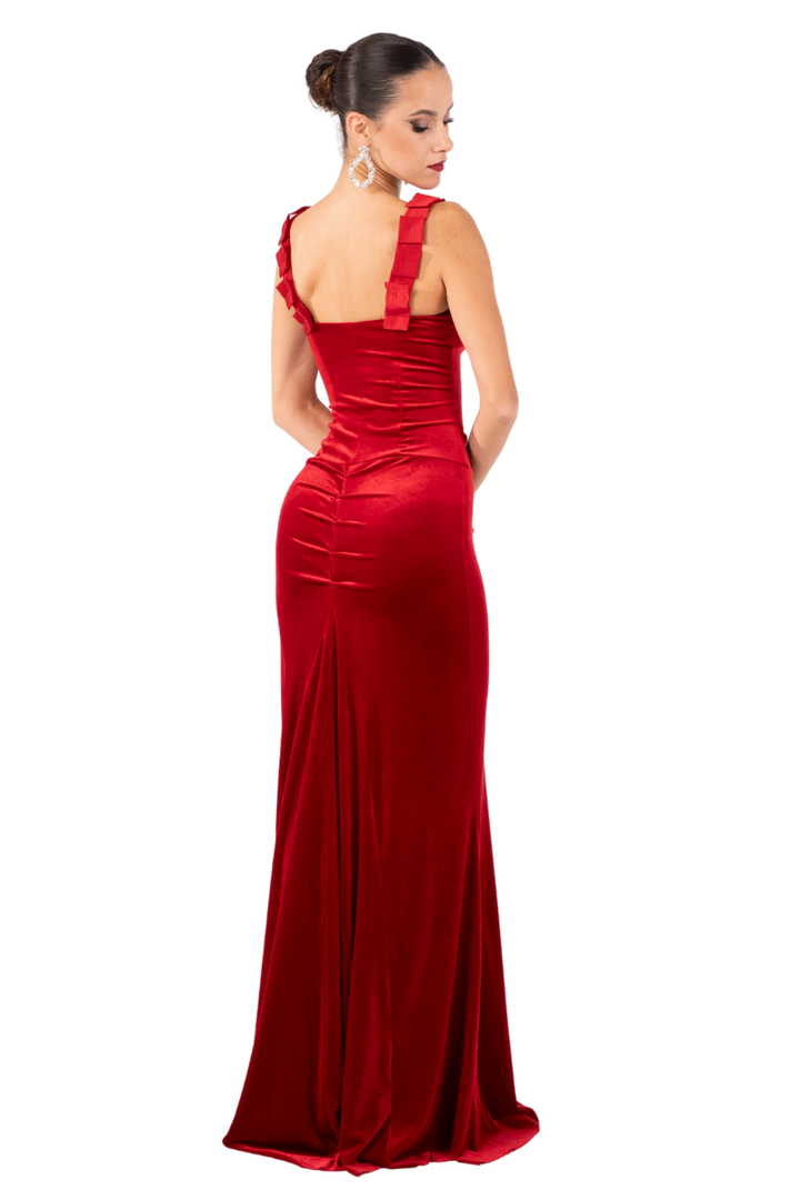 Satin Strapped Velvet Evening Dress