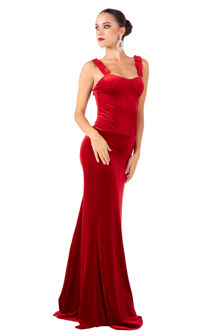 Satin Strapped Velvet Evening Dress
