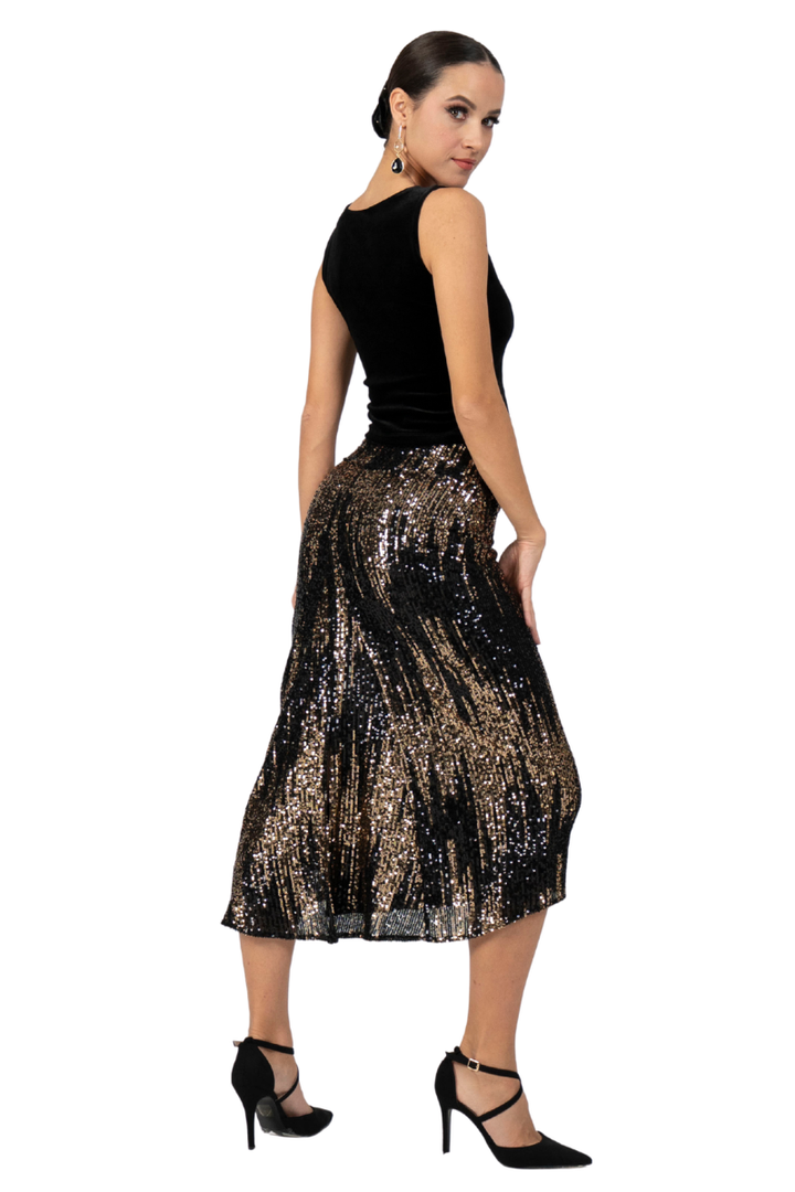 Sequin Black/Gold Tango Skirt With Center Back Slit