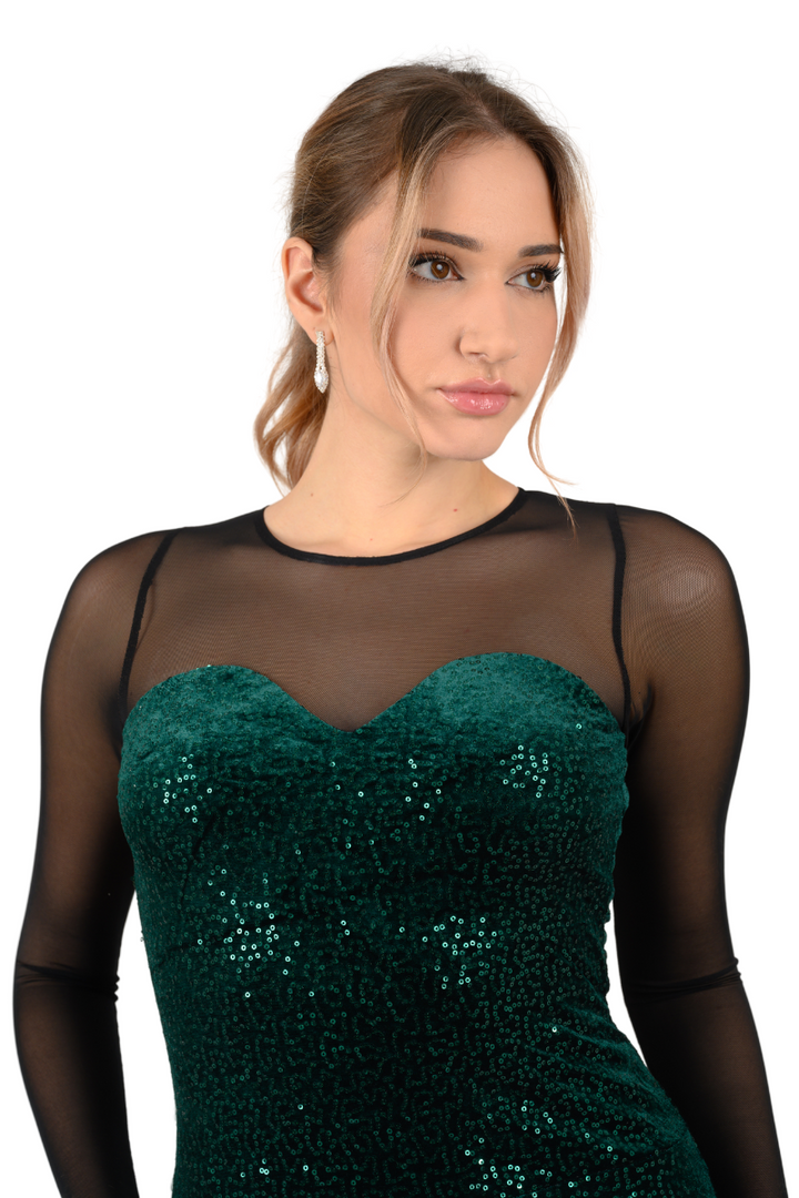 Forest Green Sequin Dance Dress With Mesh Sleeves