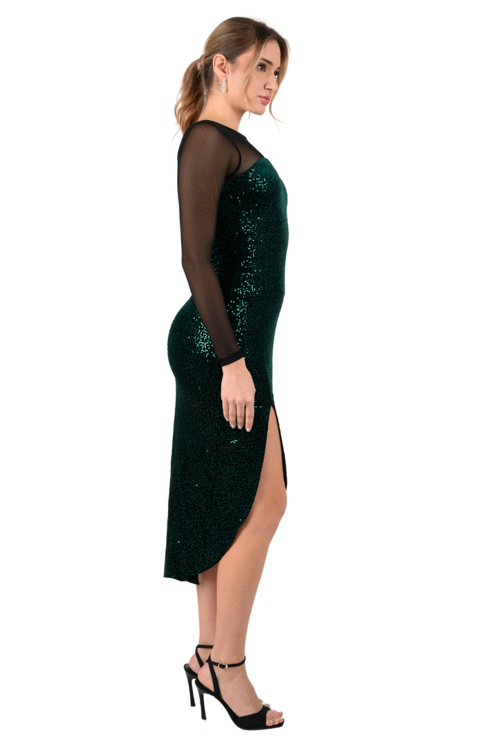 Forest Green Sequin Dance Dress With Mesh Sleeves