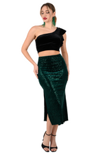 Load image into Gallery viewer, Forest Green Sequin Velvet Tango Skirt With Side Slit
