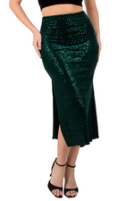 Load image into Gallery viewer, Forest Green Sequin Velvet Tango Skirt With Side Slit
