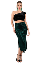 Load image into Gallery viewer, Forest Green Sequin Velvet Tango Skirt With Side Slit
