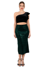 Load image into Gallery viewer, Forest Green Sequin Velvet Tango Skirt With Side Slit
