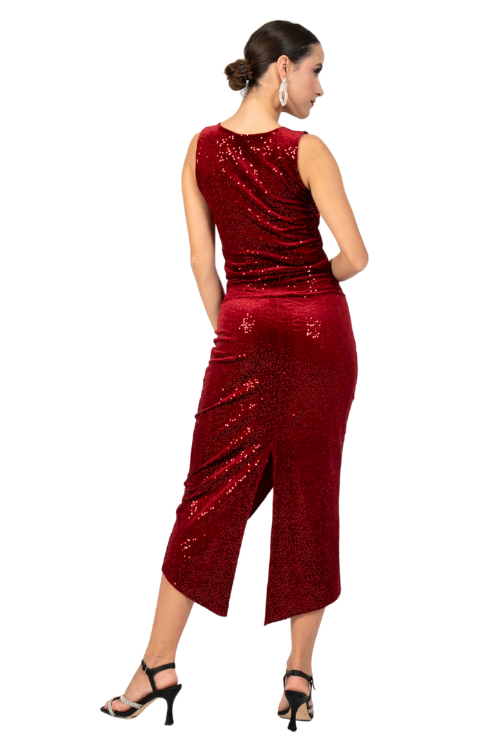 Sequin Velvet Tango Skirt With Curved Front Slit