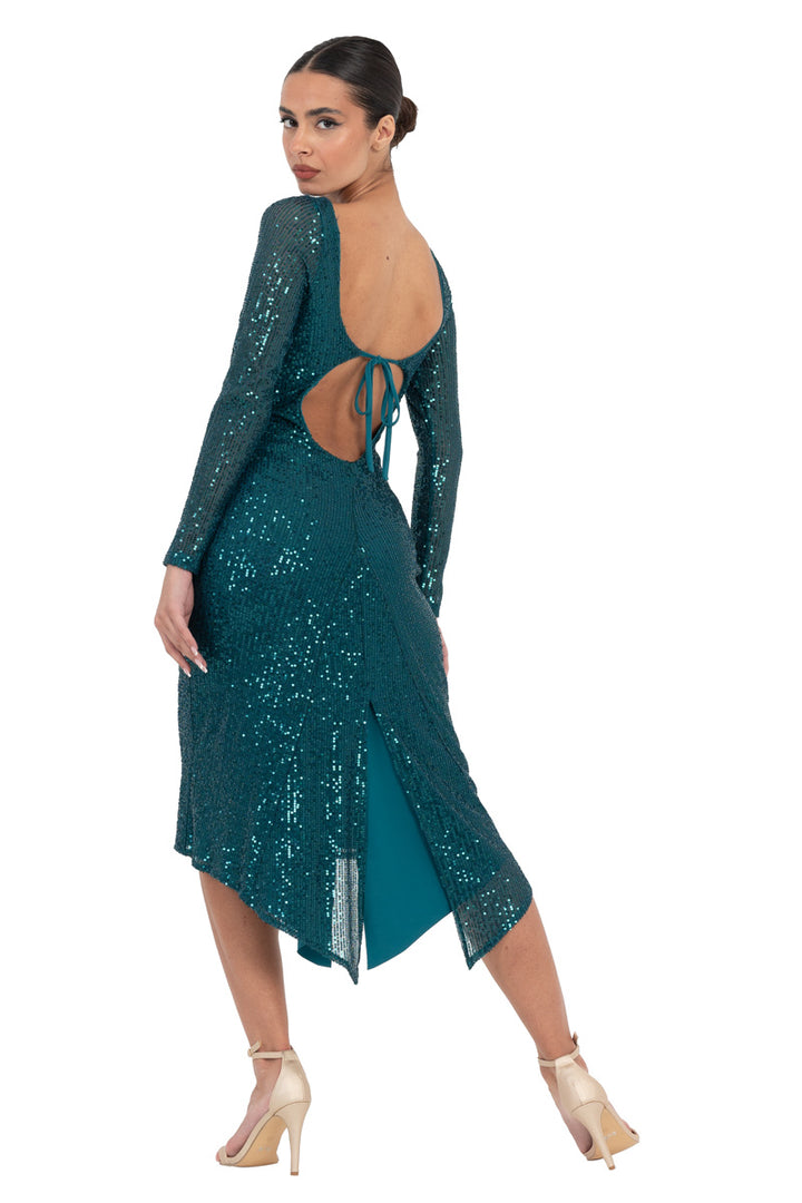 Sequinned Dress With Keyhole Tie Back & Long Sleeves